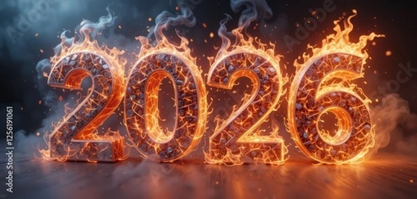 Fototapeta the word 2026 in 3d isolated, Happy new year 2026 with fire effect