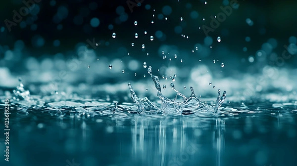 Fototapeta A high-speed capture of raindrops hitting a calm water surface, creating dynamic patterns