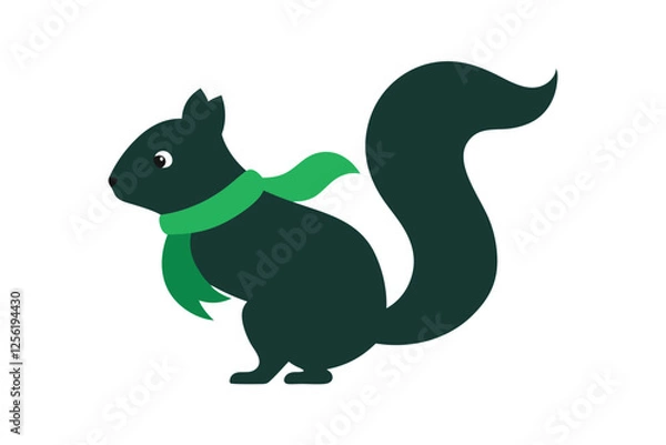 Obraz Silhouette vector illustration of a tiny squirrel wearing a green scarf on a white background.