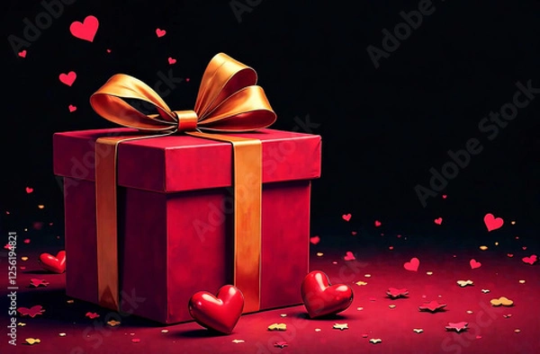 Fototapeta Red gift box with golden bow and red hearts on dark background. Copy space. Sale. Birthday. Valentine's Day. Holiday concept.