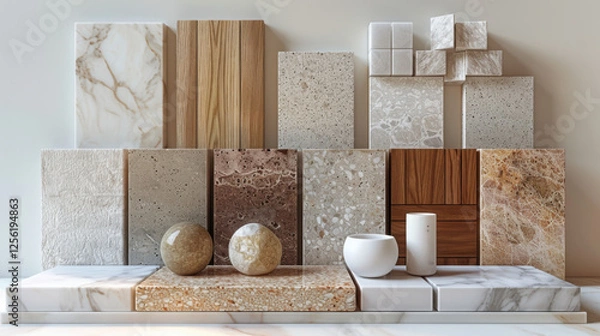 Fototapeta A moodboard of various materials, including white marble and wooden panels, arranged in an elegant composition.