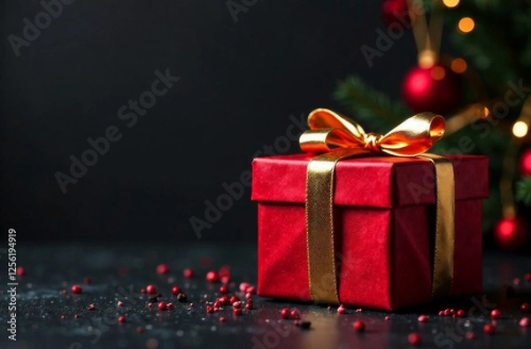Fototapeta Holiday. Christmas and New Year concept. Gift box on black background with Christmas tree and bokeh. Copy space.