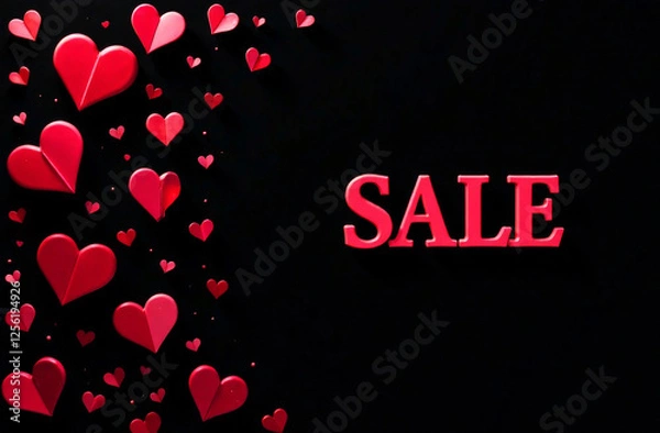 Fototapeta Business advertising. Valentine's Day sale background with red hearts on black background. Copy space.