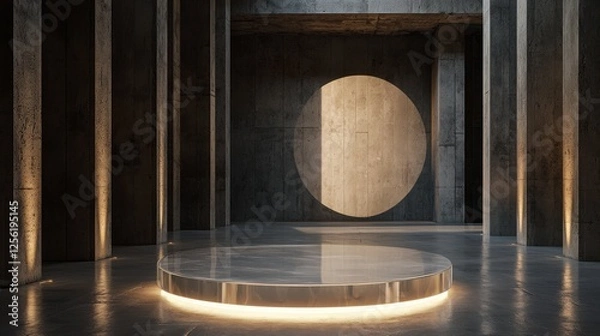 Fototapeta A large, empty room with a round pedestal in the center