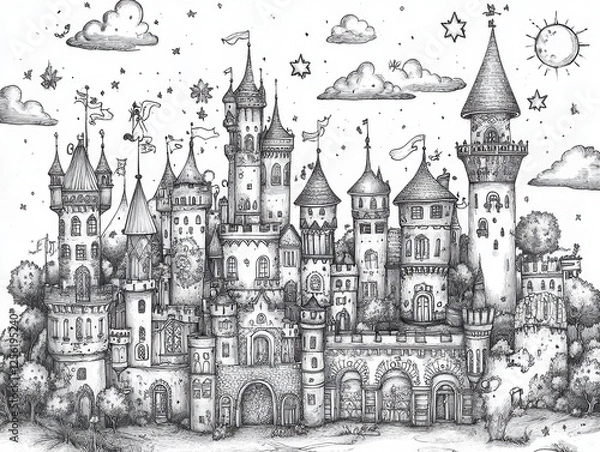 Fototapeta Detailed Hand-Drawn Fantasy Castle Landscape with Towers, Turrets, and Whimsical Elements in Black and White