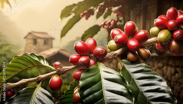 Obraz department of coffee plant with ripe red coffee cherries remoted on historical past