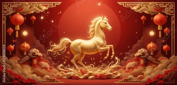 Obraz A stunning Chinese New Year 2026 background celebrating the Year of the Horse. A majestic, golden horse is depicted in motion, symbolizing strength and prosperity.