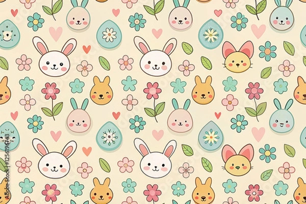 Obraz Pastel Easter bunny pattern; floral spring background, cute design