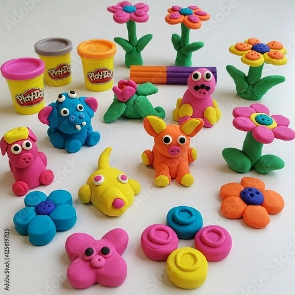 Fototapeta colorful play doh creations with flowers animals and objects on white background