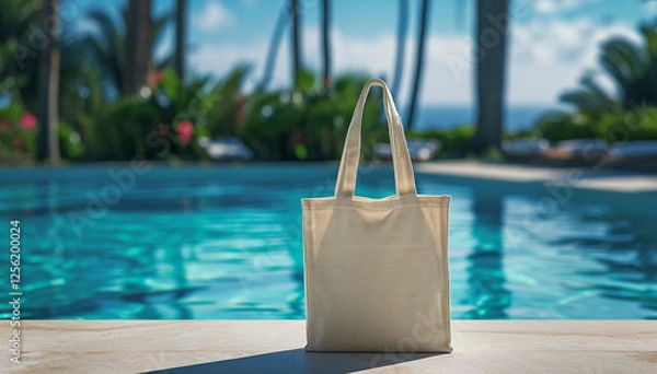 Fototapeta Mockup shopper beach tote bag handbag near swimming pool background. Copy space shopping eco reusable bag. Grocery accessories. Template blank cotton material canvas cloth. Tote bag mockup.