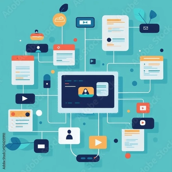 Fototapeta Digital networking concept with connected devices and data exchange icons