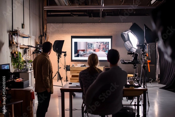 Fototapeta Content creators working together in a modern studio environment