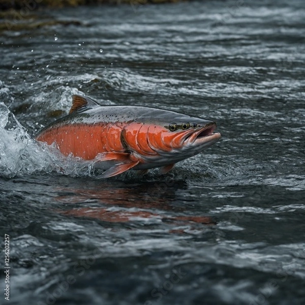Fototapeta fish in a pond Wild Alaska salmon  Wild Alaska salmon  Starved fishes Salmón saltando en rio camino a desobar Salmon jumping upstream during spawning season, symbolizing resilience.
