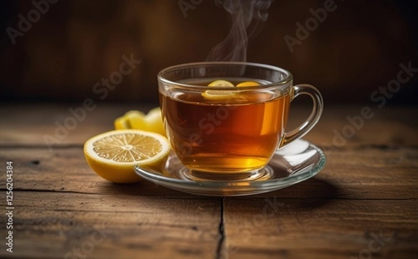 Fototapeta Steaming Cup of Lemon Tea on Rustic Wooden Table