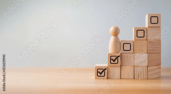 Fototapeta Wooden professional management figure smile and standing on second step of stair with tick checkmark for work task and project planing progressive concept. 