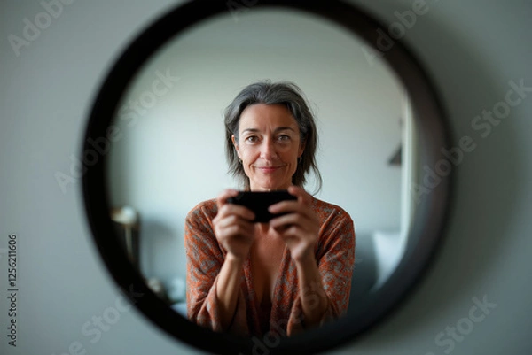 Fototapeta Attractive middle-aged woman in casual dress taking a photo of herself in a mirror in her bedroom in a realistic style for social media