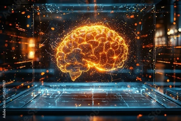 Fototapeta Ai hologram of a neural brain futuristic lab digital art high-tech environment close-up innovating technology