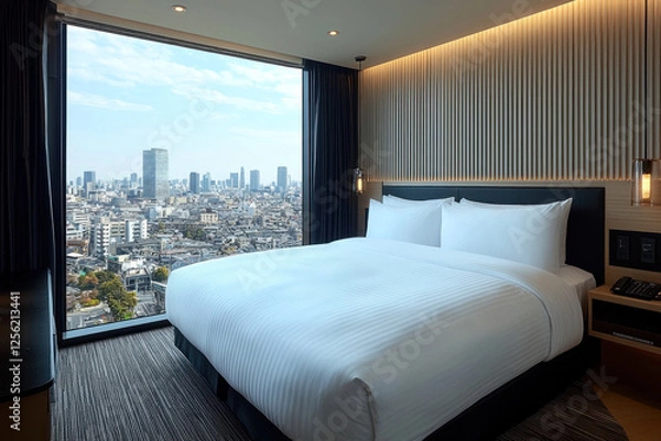 Obraz Hotel room with city view, large window, comfortable bed, modern design for relaxation