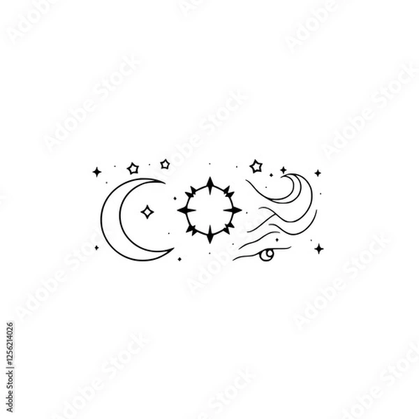Obraz Celestial Dreamscape: A minimalist, abstract design featuring a crescent moon, a star, and an eye.