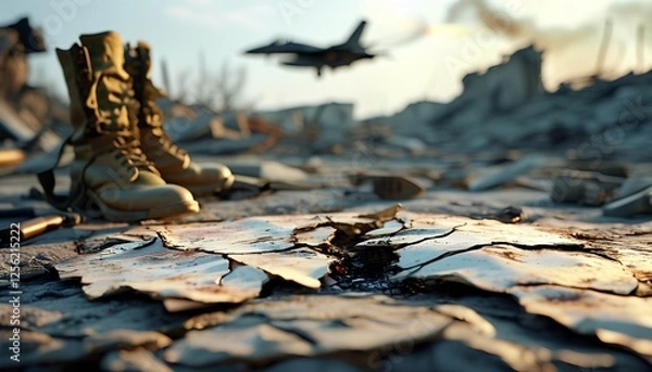 Fototapeta Military boots on cracked ground with fighter jet flying above in a war-torn environment during twilight