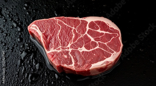 Fototapeta Fresh raw beef steak on a black textured background. Close-up shot of marbled red meat.