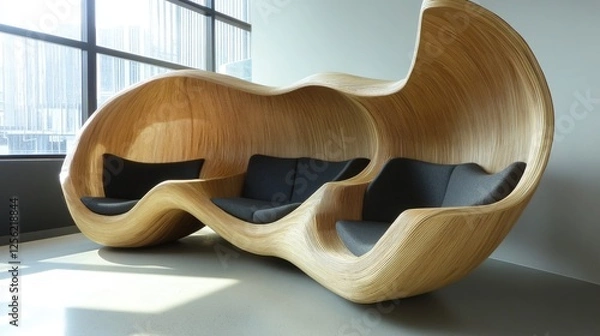Fototapeta Modern office space with colorful, curved seating pods, surrounded by lush indoor plants, creating a vibrant and relaxing work environment. Each pod has a small table and a computer, ideal for focused