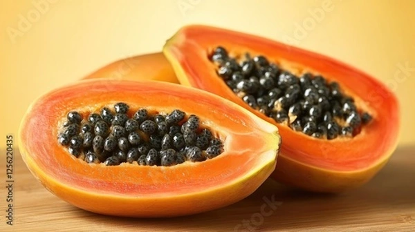 Fototapeta A papaya sliced in half, showcasing its vibrant orange flesh and black seeds, resting on a warm yellow background for a tropical feel.