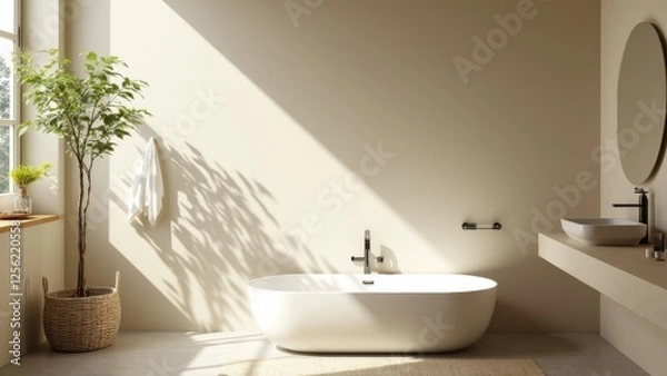 Fototapeta A Serene Bathroom Featuring a Sleek Freestanding Tub, Minimalist Decor, and Ample Natural Light