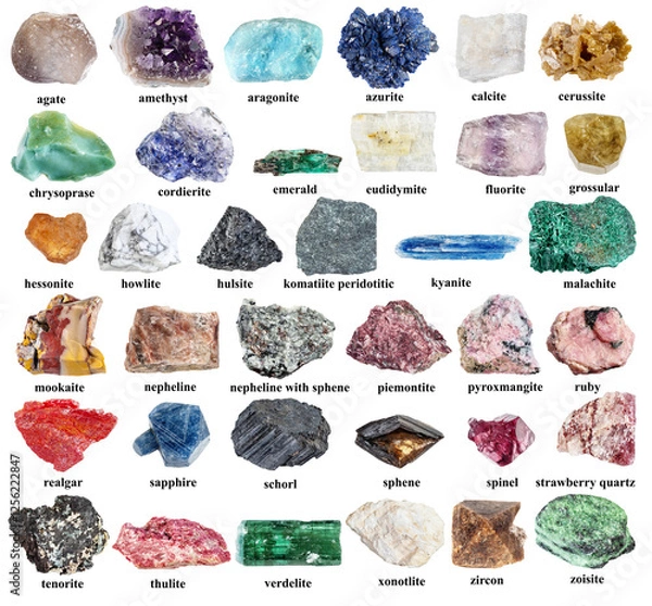 Fototapeta samples of various raw rocks with names cut out