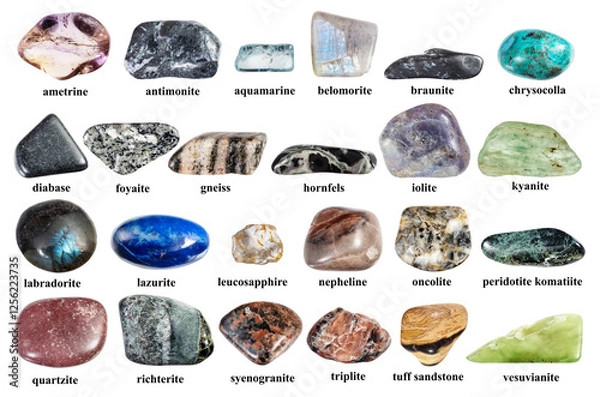 Fototapeta various samples of tumbled rocks with names cutout