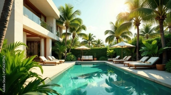 Fototapeta Luxury Residence with Sparkling Pool and Lush Tropical Landscaping Under Sunny Skies