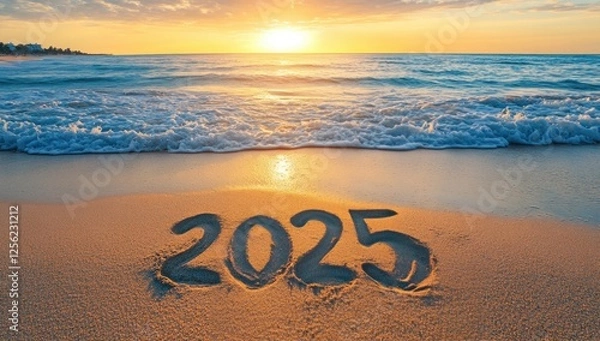 Fototapeta In the foreground, the year 2025 is written on the wet. The waves gently roll onto the shore under stunning sunsets, creating a peaceful atmosphere on the ocean.