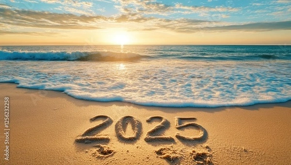 Fototapeta In the foreground, the year 2025 is written on the wet. The waves gently roll onto the shore under stunning sunsets, creating a peaceful atmosphere on the ocean.