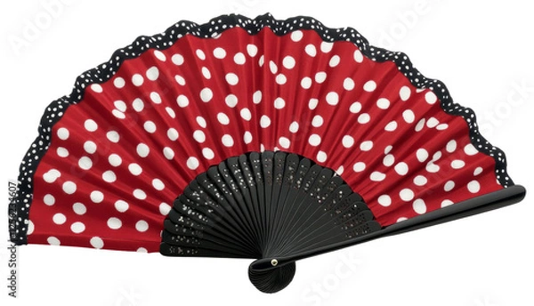 Obraz Traditional spanish flamenco hand fan with red and white polka dots and black ribs, isolated on transparent background