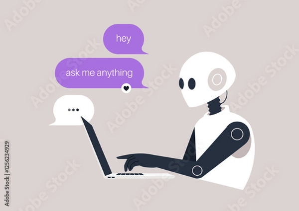 Obraz In a futuristic setting, an animated AI robot participates in an engaging ask me anything session, offering insights on various topics while users connect through digital dialogue