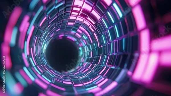 Fototapeta Vibrant sci-fi scene with colorful pixelated blocks forming a dynamic tunnel effect, ideal for digital-themed wallpapers