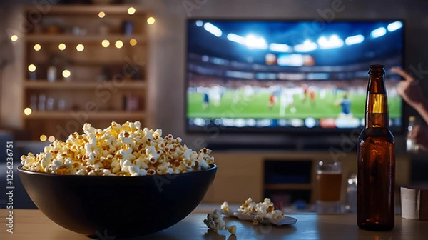 Fototapeta Enjoying a cozy movie night at home with popcorn and drinks while watching a sports game on a big screen