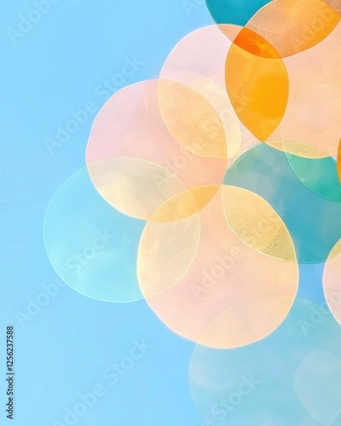Fototapeta Colorful bubbles floating blue sky abstract art bright environment upward view playful concept