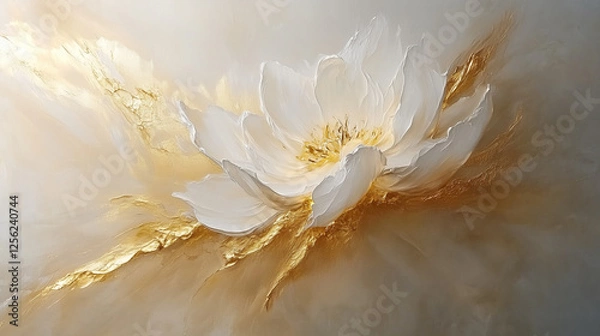 Fototapeta Artistic oil painted white flower laying across the canvas richly decorated with golden paint, impasto textured pattern 