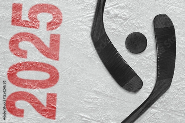 Obraz Puck and two sticks in a hockey arena