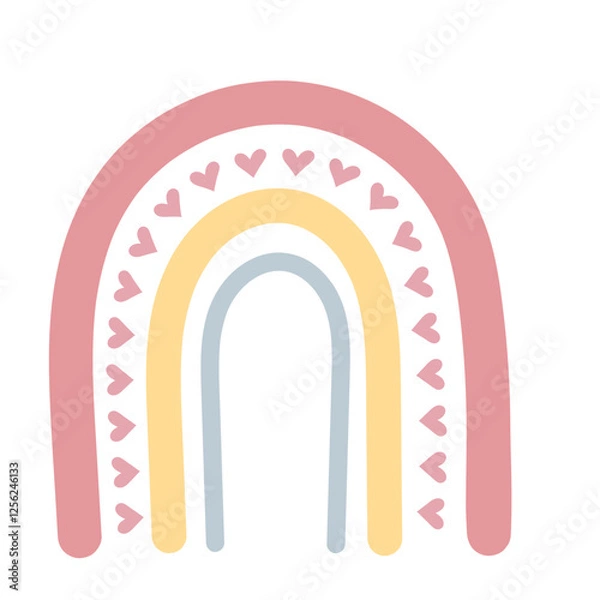 Fototapeta Boho rainbow isolated on white background. Cute hand drawn rainbow with hearts. For greeting card, T-shirt design, wrapping paper, fabric printing. Vector illustration.