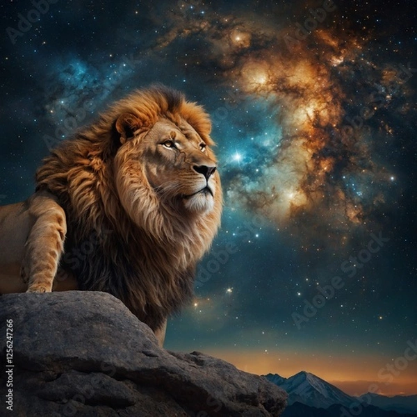 Fototapeta "A captivating and powerful depiction of Leo, the mighty lion, portrayed in full body standing majestically on a cosmic mountain peak. Its fur shines with radiant golden hues that sparkle like stardus