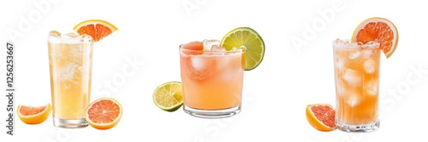 Fototapeta Set of A refreshing Paloma cocktail in a tall glass with a salted rim, garnished with a lime wedge on transparent png background