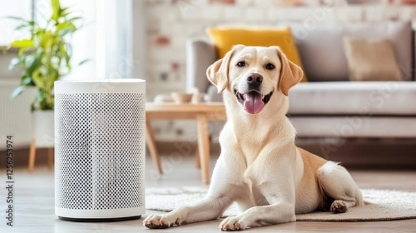 Obraz Clean Air Solution for Pets: Air Purifier and Happy Dog - Pet allergy relief, clean home air, healthy pets, happy owners