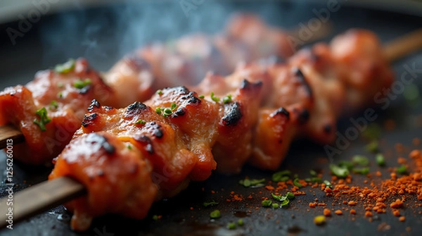 Fototapeta A close-up view of skewers grilling with visible smoke and sprinkled spices, showcasing the mouth-watering essence of street food with sizzling meat and smoky flavors.