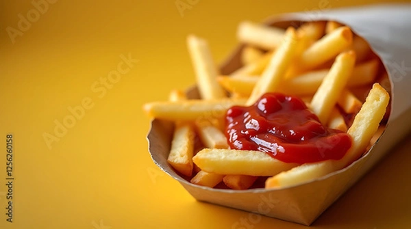 Fototapeta Paper tray with crispy French fries and ketchup, showcasing the delicious and casual theme of street food.