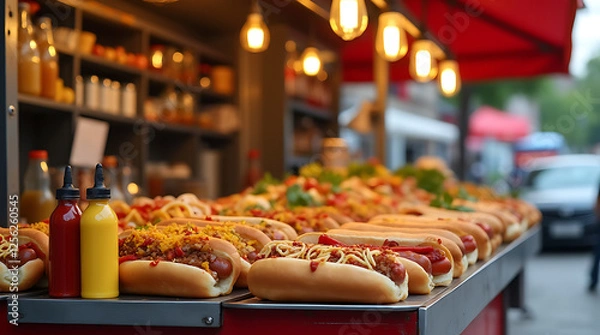 Fototapeta A sizzling hot dog topped with mustard and grilled onions from a street vendor, captured in a dynamic angle, emphasizing the smoky flavors and vibrant street food scene.