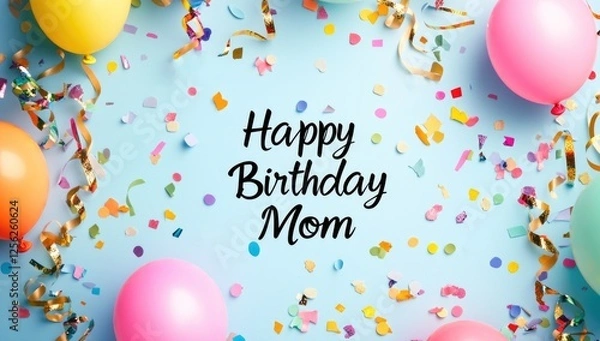 Obraz A vibrant birthday celebration features colorful balloons, confetti, and a heartfelt message for Mom. This cheerful setup creates a festive atmosphere for joy and love.