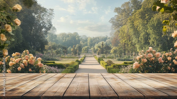 Fototapeta Wooden Tabletop with a traditional Garden Background. Product display background.