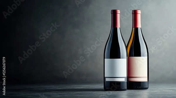 Fototapeta Two wine bottles, red and white, elegantly showcased against a muted backdrop, ideal for any dining atmosphere or tasting event